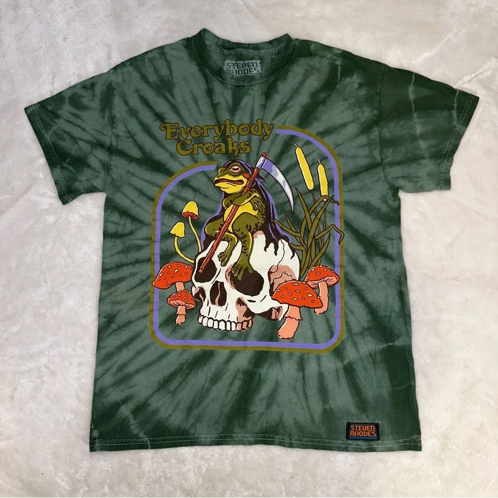Steven Rhodes Green Tie-Dye "Everybody Croaks" Frog Skull T-Shirt Size Small - Picture 3 of 10